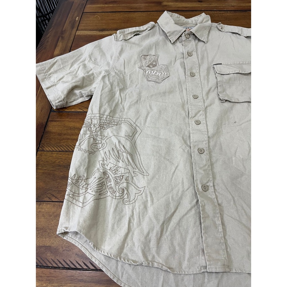 Avirex Button Down Shirt Mens Large Tan Good‎ Linen Blend Military Embroidered